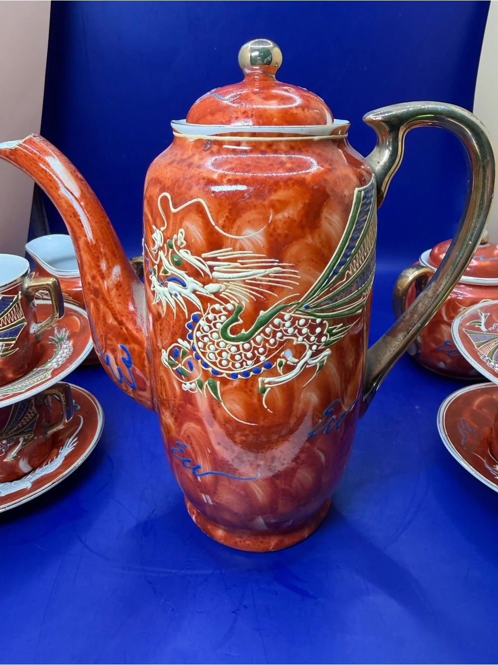 Rust Red Dragonware Porcelain Tea Set with Gold Accents - Vintage